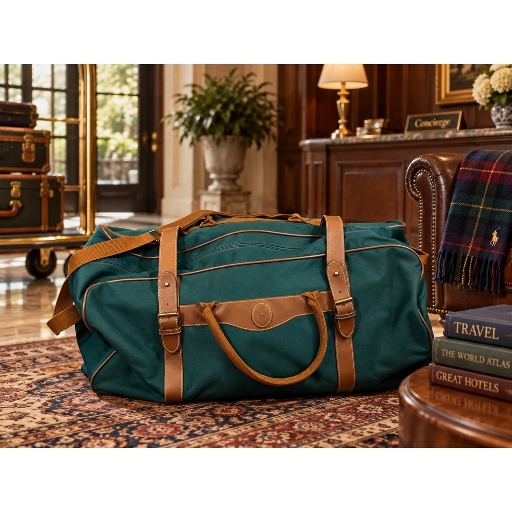 Polo Ralph Lauren Rolling Duffel Bag Green Canvas Leather Trim 24x13x11 Travel